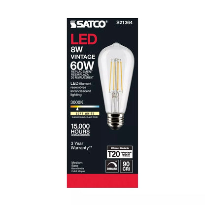 Satco S21364 - 8 Watt ST19 LED Clear Light bulb - 90 CRI; 3000K (6 Pack)