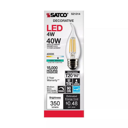 Satco S21314 - 4 Watt CA10 LED Light Bulb - 4000K - 90CRI - 120 Volt (6 Pack)