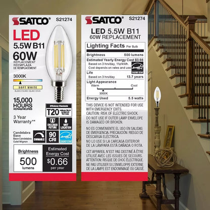 Satco S21274 - 5.5 Watt B11 LED Light Bulb - 3000K - 90CRI - 120 Volt