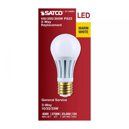 Satco S11490R1 - 10/22/33 Wattage Selectable PS25 LED Three-Way Lamp - E39d Mogul Base - 2700K - White Finish - 120 Volt