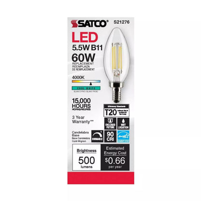 Satco S21276 - 5.5 Watt B11 LED Light Bulb - 4000K - 90CRI - 120 Volt (6 Pack)