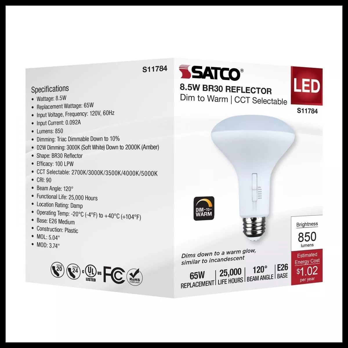 Satco S11784 - 8.5 Watt BR30 LED - CCT Selectable - Dim to Warm - 120 Volts