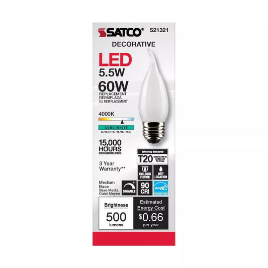 Satco S21321 - 5.5 Watt CA10 LED Frosted Light Bulb - 4000K - 90CRI (6 Pack)