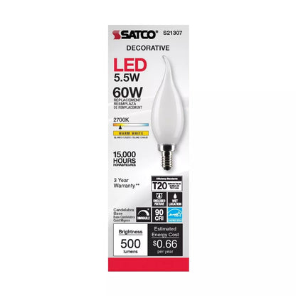 Satco S21307 - 5.5 Watt CA10 LED Frosted Light Bulb - 2700K - 90CRI (6 Pack)