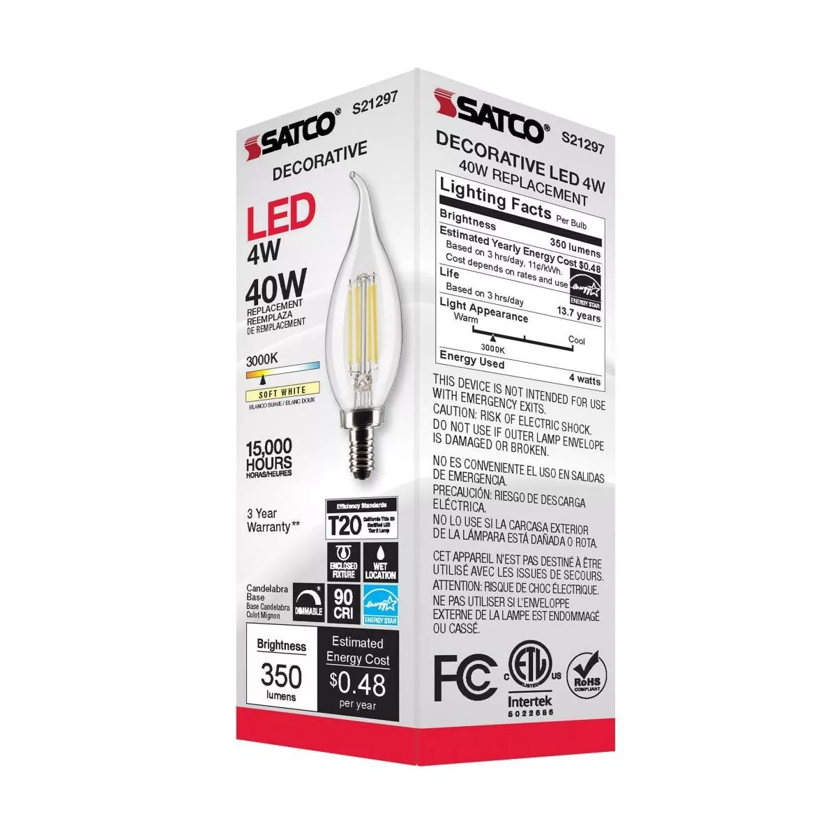 Satco S21297 - 4 Watt CA10 LED Light Bulb - 3000K - 90CRI - 120 Volt (6 Pack)