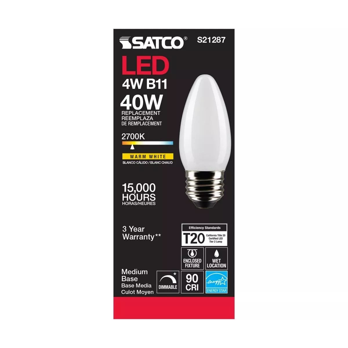 Satco S21287 - 4 Watt B11 LED Frosted Light Bulb - 2700K - 90CRI (6 Pack)