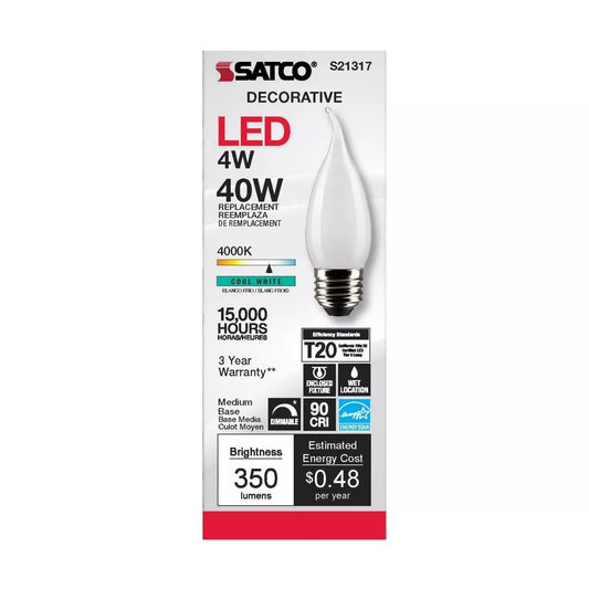 Satco S21317 - 4 Watt CA10 LED Frosted Light Bulb - 4000K - 90CRI (6 Pack)