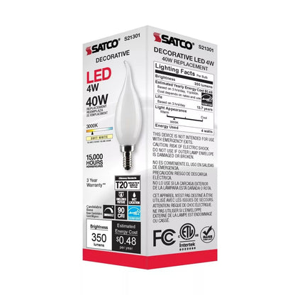 Satco S21301 - 4 Watt CA10 LED Frosted Light Bulb - 3000K - 90CRI (6 Pack)