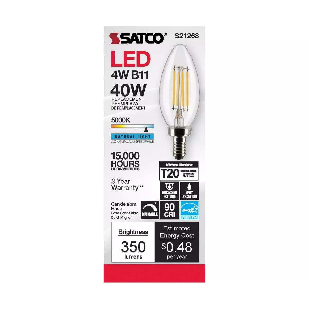 Satco S21268 - 4 Watt B11 LED Light Bulb - 5000K - 90CRI - 120 Volt (6 Pack)