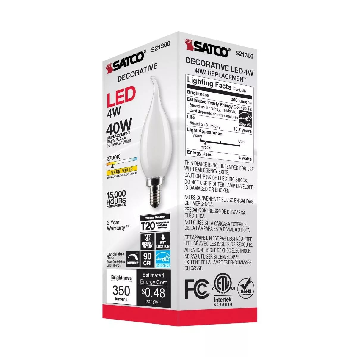 Satco S21300 - 4 Watt CA10 LED Frosted Light Bulb - 2700K - 90CRI (6 Pack)