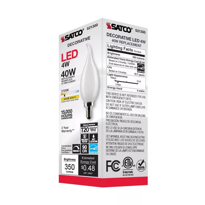 Satco S21300 - 4 Watt CA10 LED Frosted Light Bulb - 2700K - 90CRI (6 Pack)