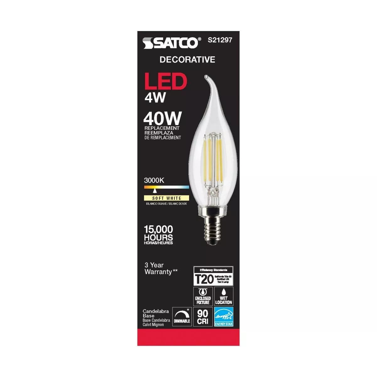 Satco S21297 - 4 Watt CA10 LED Light Bulb - 3000K - 90CRI - 120 Volt (6 Pack)