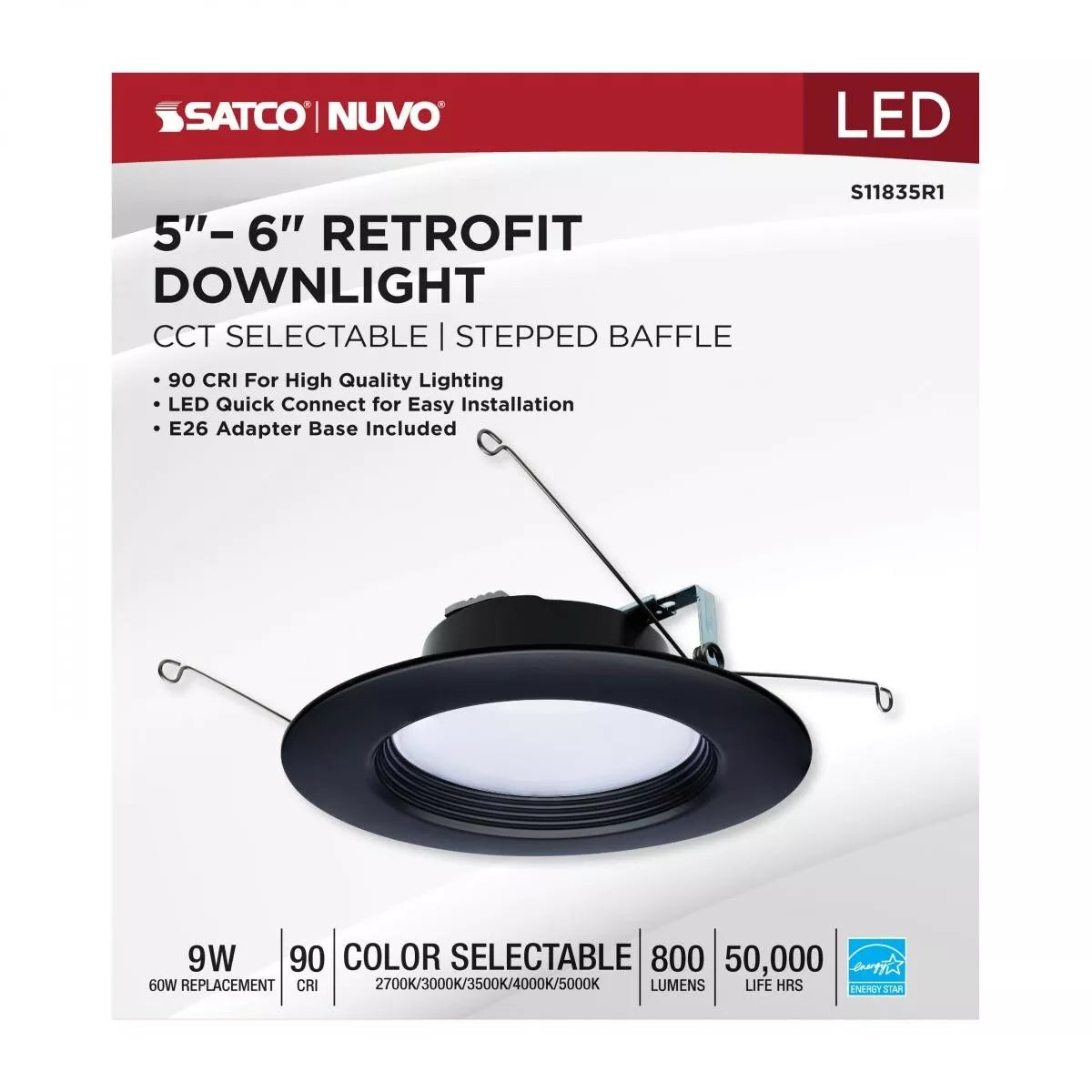 Satco S11835R1 9W 120V LED 5-6" Black Downlight Retrofit Kit CCT Selectable Dimmable