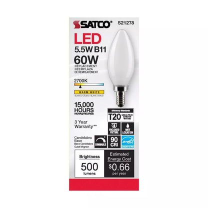 Satco S21278 - 5.5 Watt B11 Frosted LED Light Bulb - 2700K - 90CRI (6 Pack)