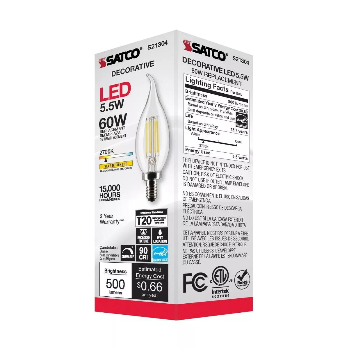 Satco S21304 - 5.5 Watt CA10 LED Light Bulb - 2700K - 90CRI - 120 Volt (6 Pack)