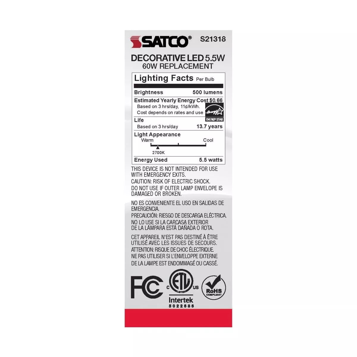 Satco S21318 - 5.5 Watt CA10 LED Light Bulb - 2700K - 90CRI - 120 Volt (6 Pack)