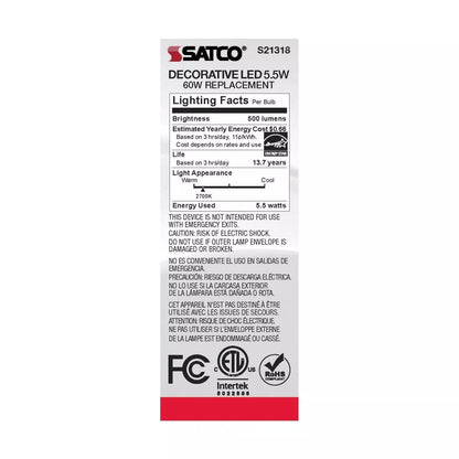 Satco S21318 - 5.5 Watt CA10 LED Light Bulb - 2700K - 90CRI - 120 Volt (6 Pack)