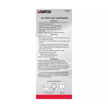 Satco S49394 - 54 Watt LED HID Replacement - 5000K - Extended Mogul base