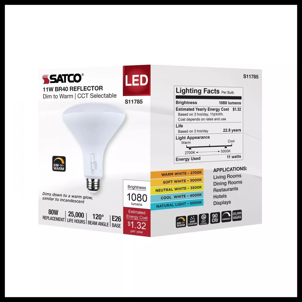 Satco S11785 - 11 Watt BR40 LED - CCT Selectable - Dim to Warm - 120 Volts