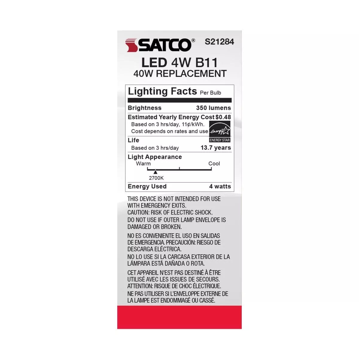 Satco S21284 - 4 Watt B11 LED Light Bulb - 2700K - 90CRI - 120 Volt (6 Pack)