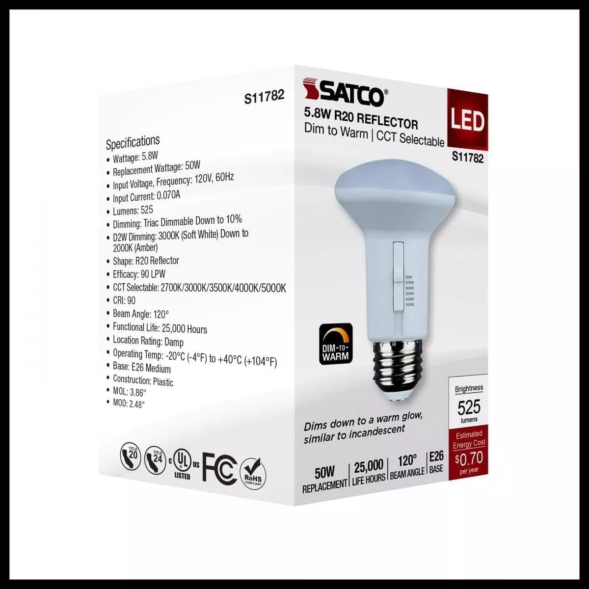 Satco S11782 - 5.8 Watt R20 LED - CCT Selectable - Dim to Warm - 120 Volts