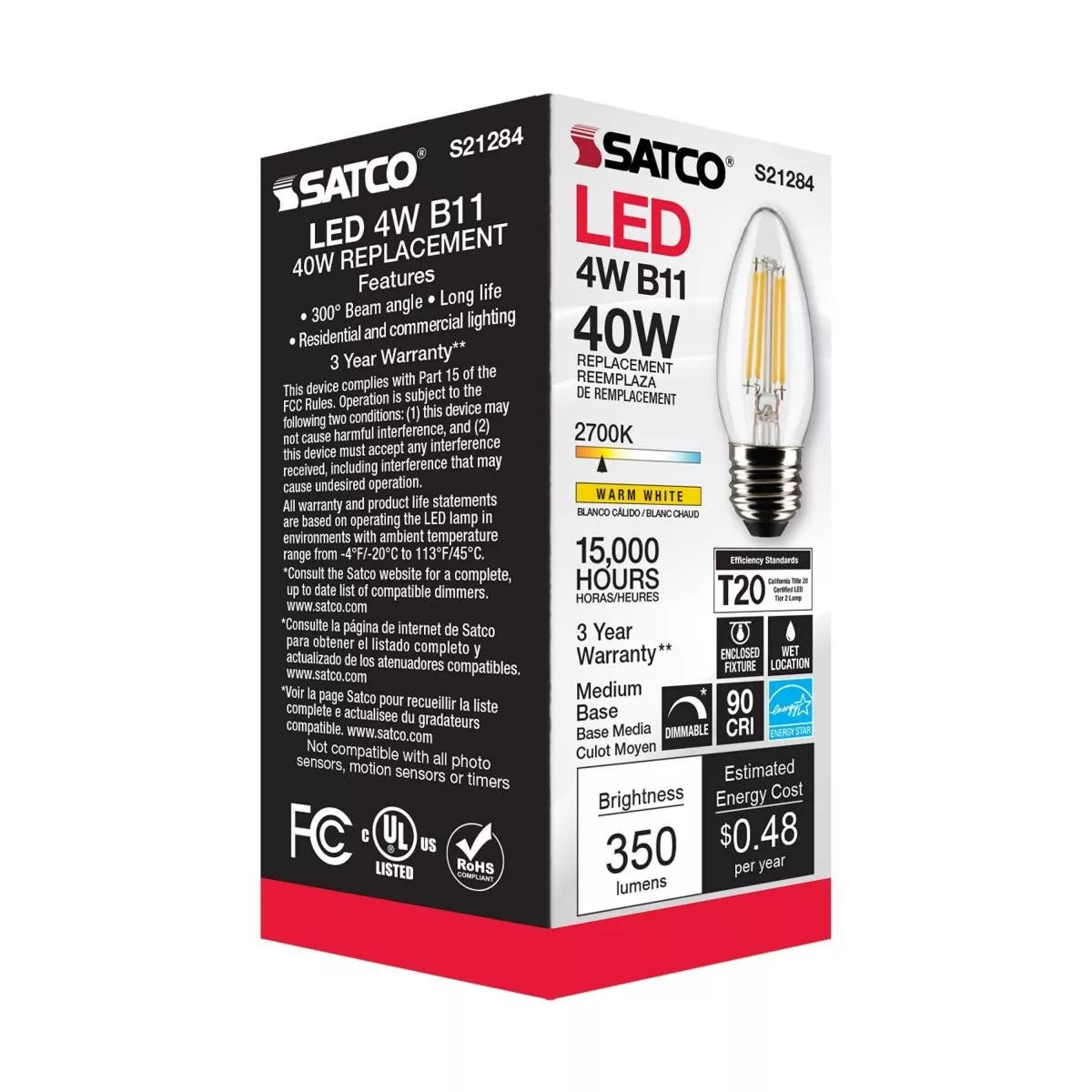 Satco S21284 - 4 Watt B11 LED Light Bulb - 2700K - 90CRI - 120 Volt (6 Pack)