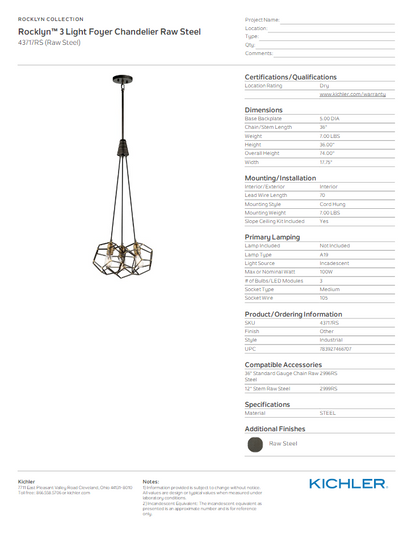 Kichler 43717RS - Rocklyn 3 Light 18-inch Pendant Ceiling Light in Raw Steel