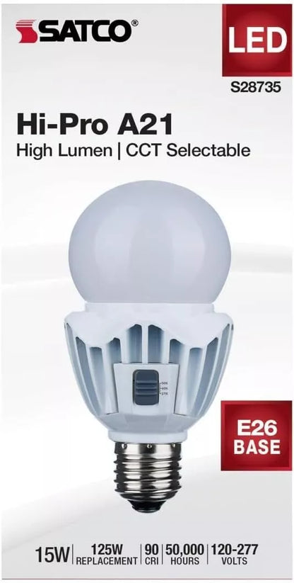 Satco S28735 - 15 Watt LED A21 High Lumen Output - 27K/40K/50K CCT Selectable - Medium Base - White Finish - 120V-277V