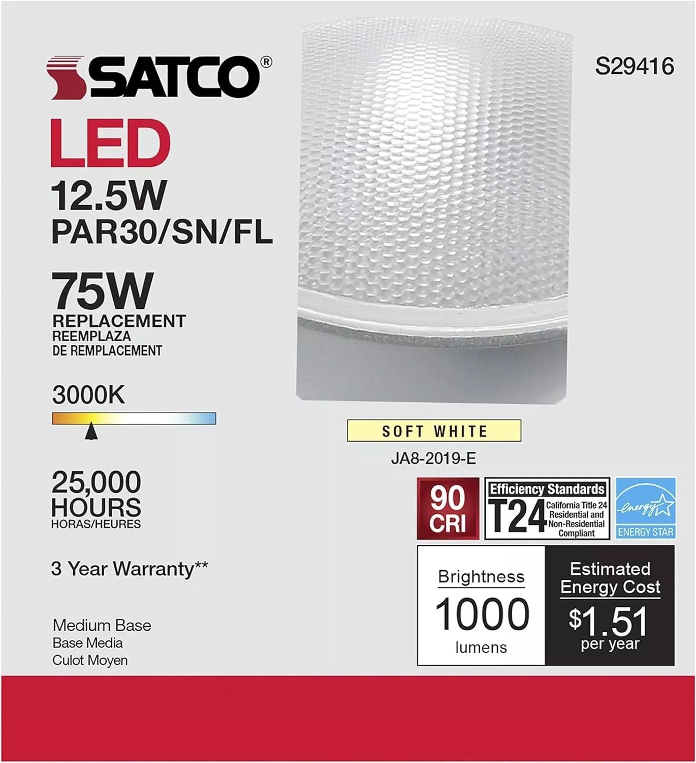 Satco S29416 - 12.5 Watt PAR30SN LED Light Bulbs - 3000K - 6 Pack