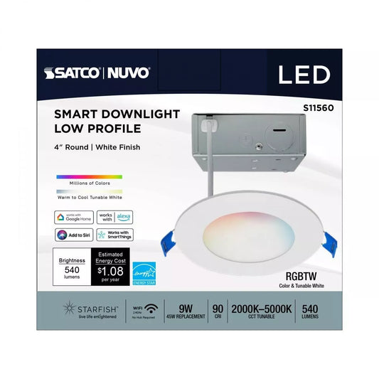 Satco S11560 - 9W LED Direct Wire Low Profile Downlight 4" Round - Starfish IOT