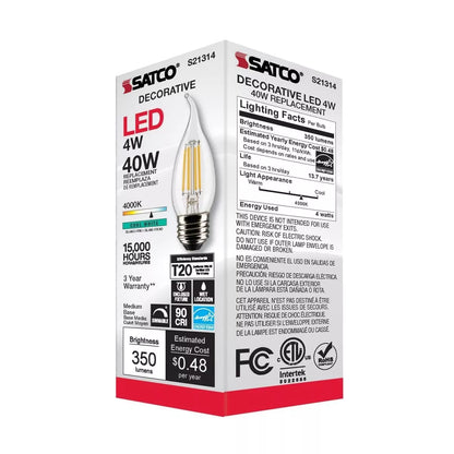 Satco S21314 - 4 Watt CA10 LED Light Bulb - 4000K - 90CRI - 120 Volt (6 Pack)