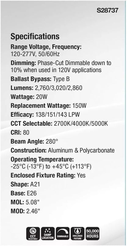 Satco S28737 - 20 Watt LED A21 High Lumen Output - 27K/40K/50K CCT Selectable - Medium Base - White Finish - 120V-277V