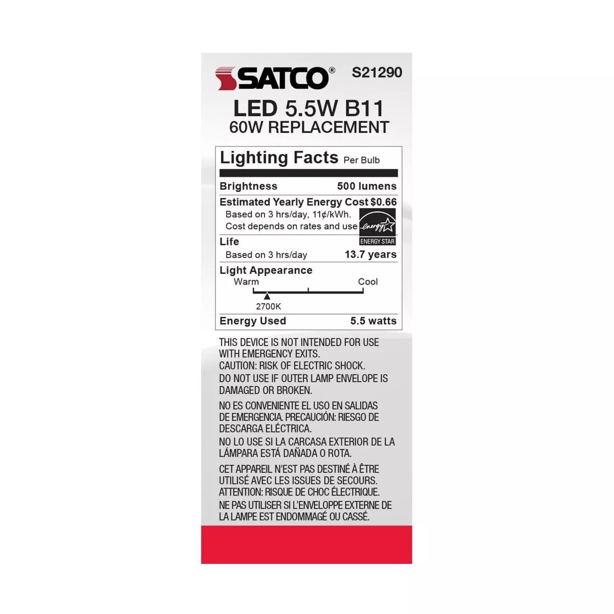 Satco S21290 - 5.5 Watt B11 LED Light Bulb - 2700K - 90CRI - 120 Volt (6 Pack)