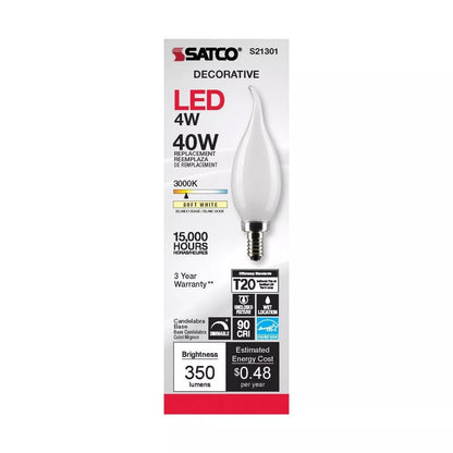 Satco S21301 - 4 Watt CA10 LED Frosted Light Bulb - 3000K - 90CRI (6 Pack)