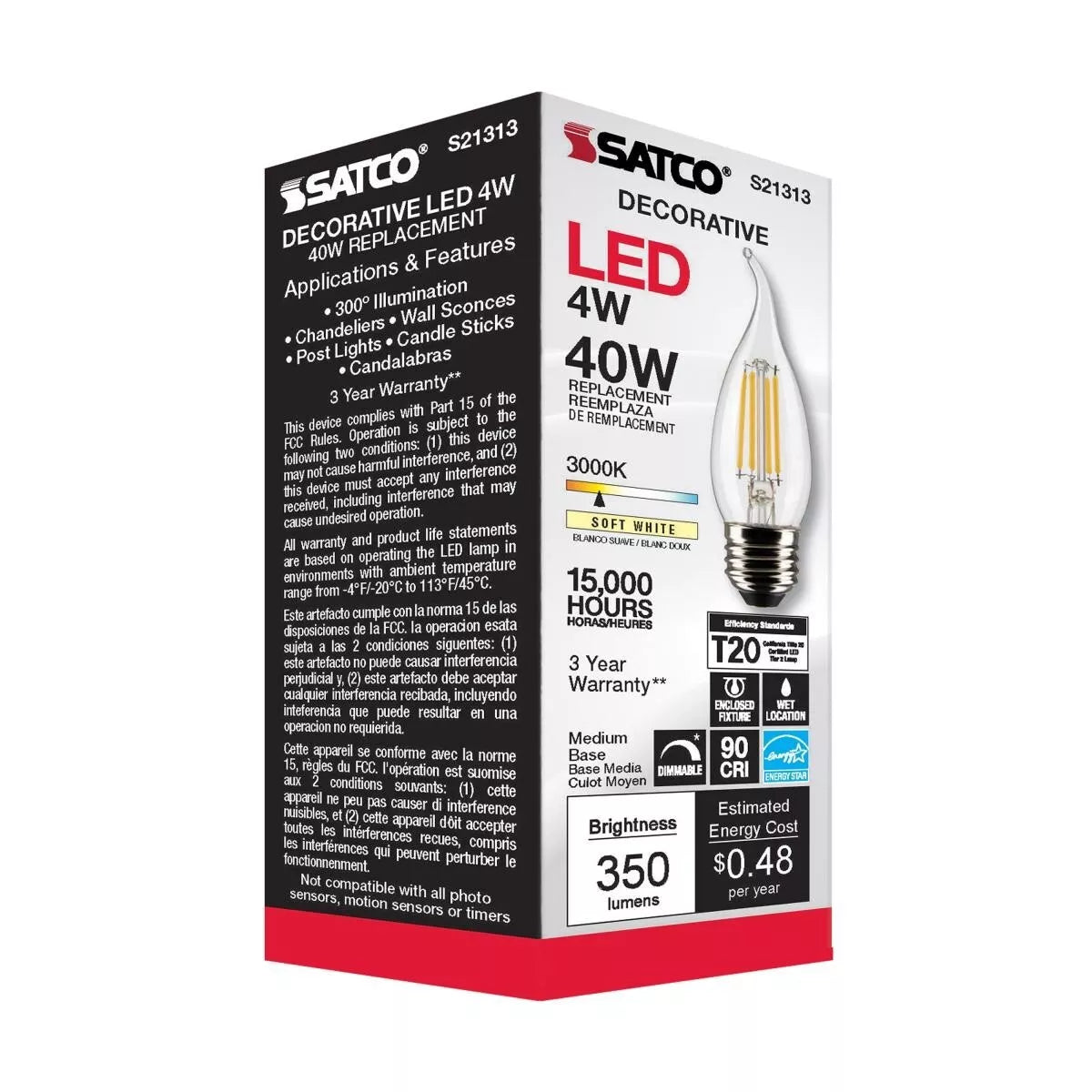 Satco S21313 - 4 Watt CA10 LED Light Bulb - 3000K - 90CRI - 120 Volt (6 Pack)