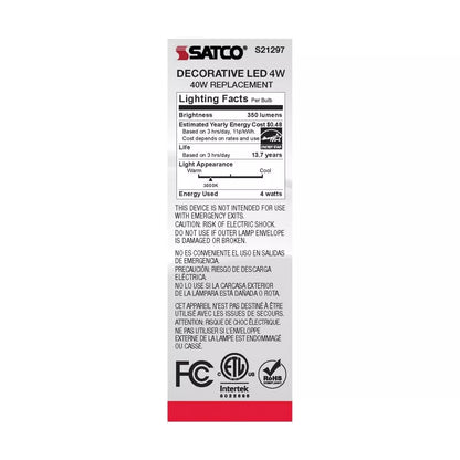 Satco S21297 - 4 Watt CA10 LED Light Bulb - 3000K - 90CRI - 120 Volt (6 Pack)