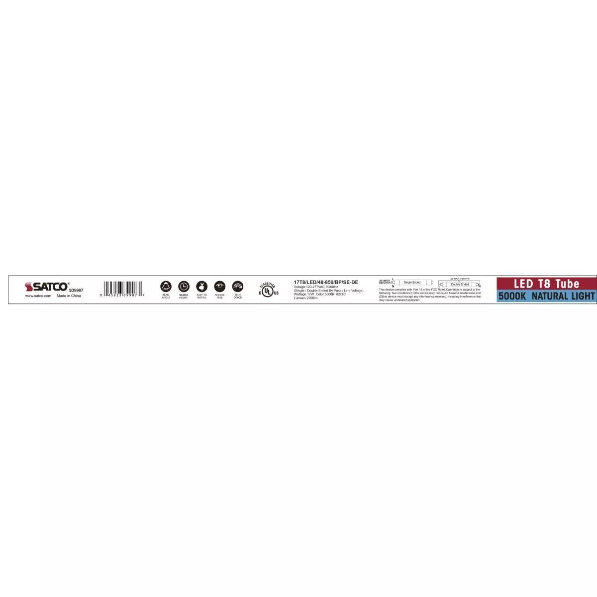 Satco S39907 - 17 Watt T8 LED Tube - Type B Ballast Bypass - 5000K (25 Pack)