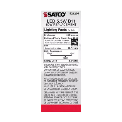 Satco S21276 - 5.5 Watt B11 LED Light Bulb - 4000K - 90CRI - 120 Volt (6 Pack)