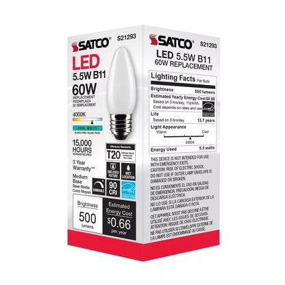 Satco S21293 - 5.5 Watt B11 LED Frosted Light Bulb - 4000K - 90CRI (6 Pack)