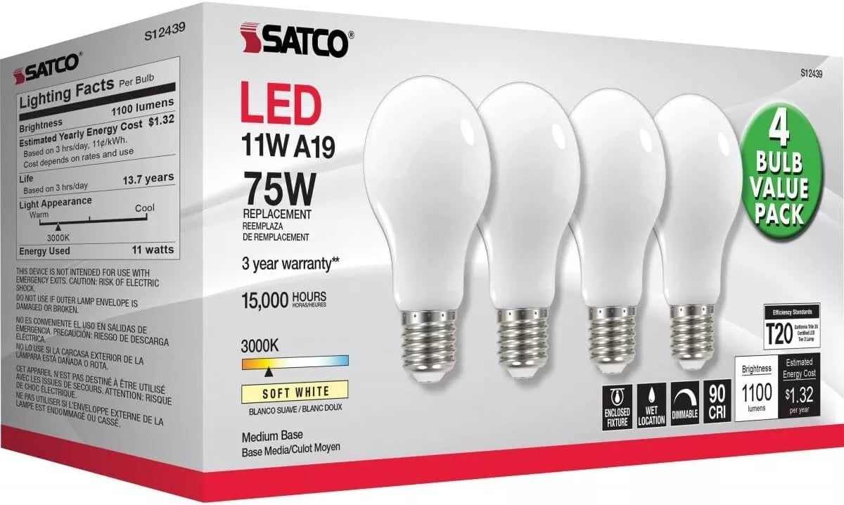 Satco S12439 - 11 Watt (75W Replacement) Soft White LED Bulbs - 3000K