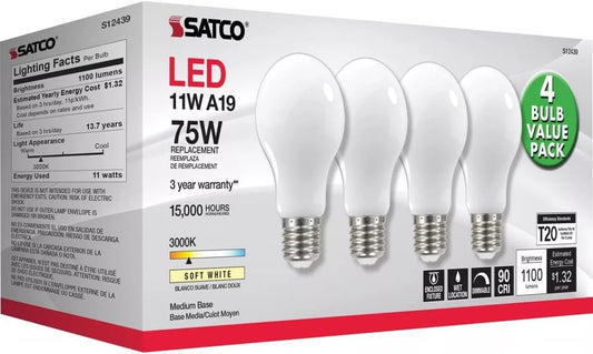 Satco S12439 - 11 Watt (75W Replacement) Soft White LED Bulbs - 3000K