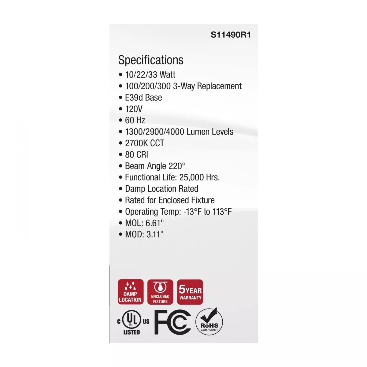 Satco S11490R1 - 10/22/33 Wattage Selectable PS25 LED Three-Way Lamp - E39d Mogul Base - 2700K - White Finish - 120 Volt