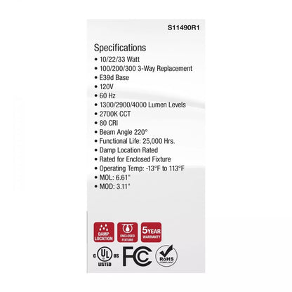 Satco S11490R1 - 10/22/33 Wattage Selectable PS25 LED Three-Way Lamp - E39d Mogul Base - 2700K - White Finish - 120 Volt