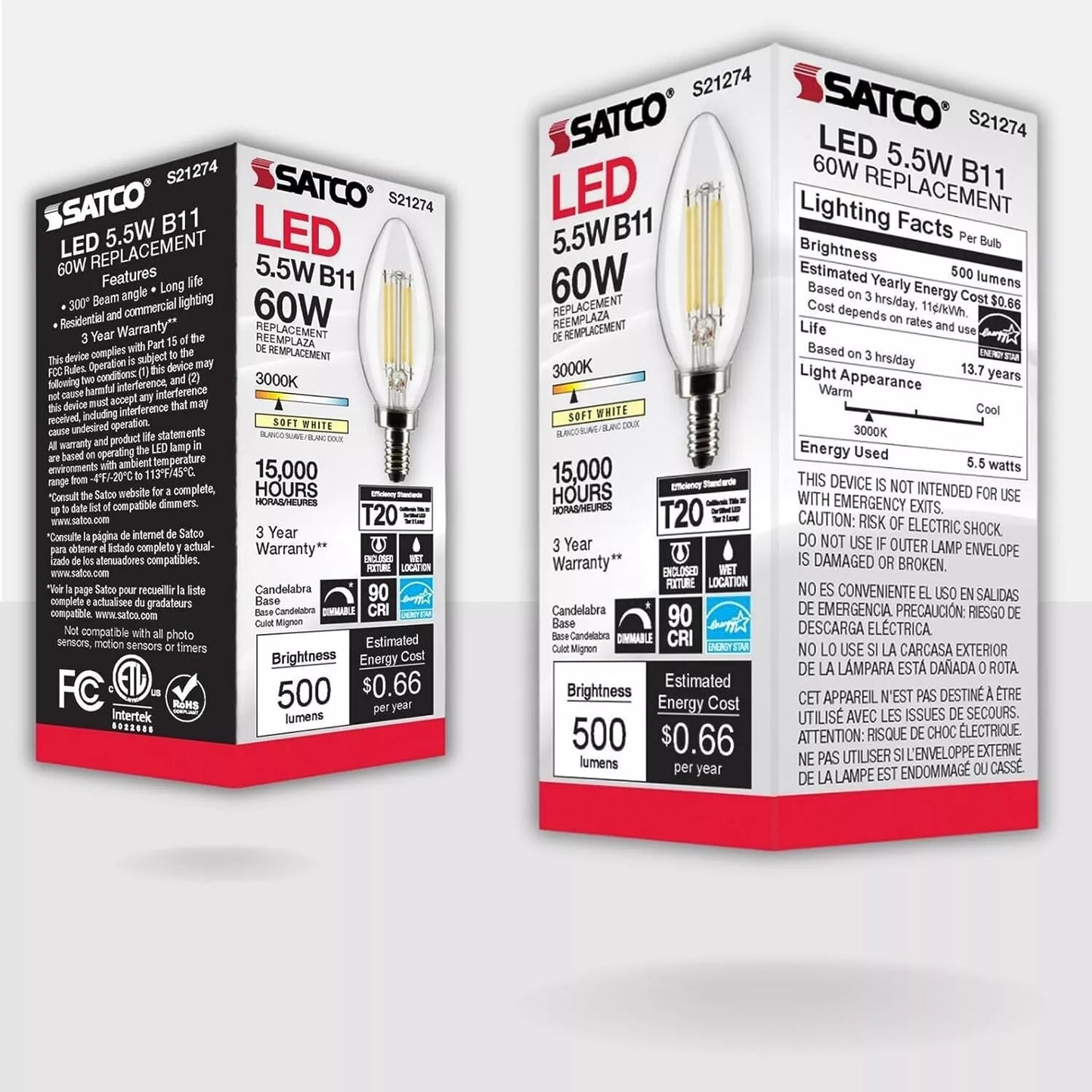 Satco S21274 - 5.5 Watt B11 LED Light Bulb - 3000K - 90CRI - 120 Volt