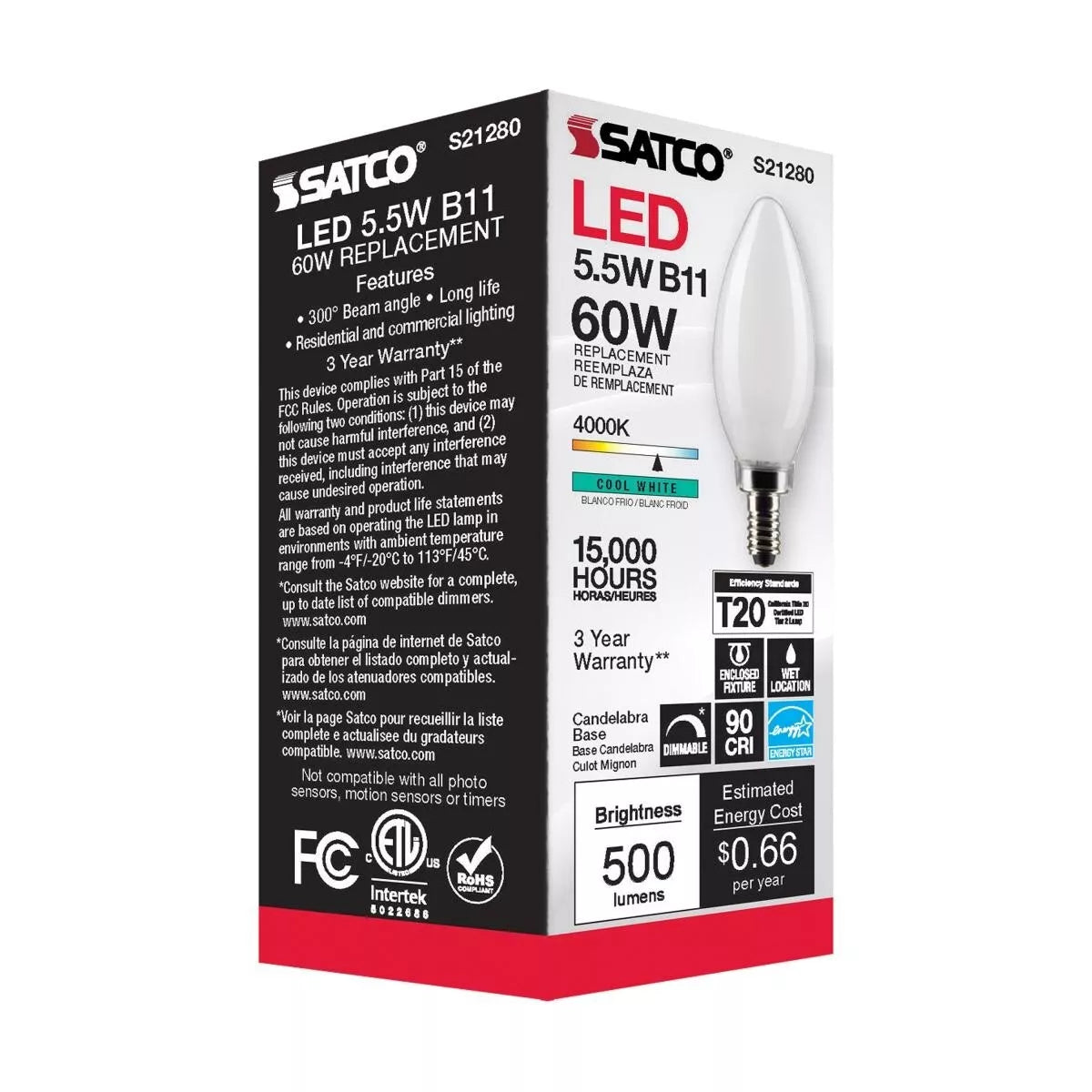 Satco S21280 - 5.5 Watt B11 Frosted LED Light Bulb - 4000K - 90CRI (6 Pack)