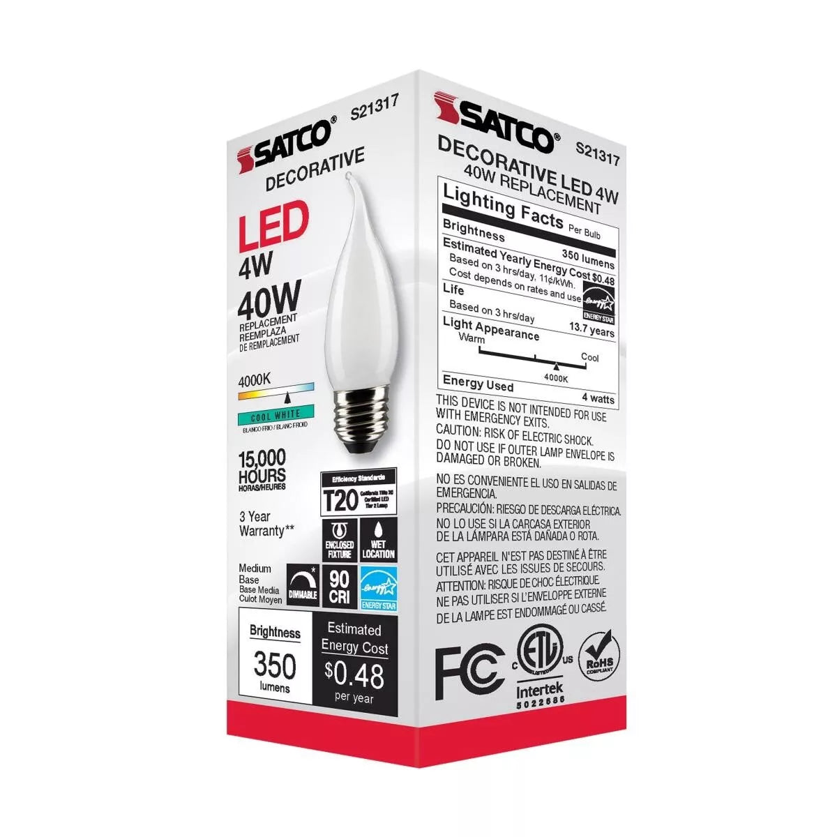 Satco S21317 - 4 Watt CA10 LED Frosted Light Bulb - 4000K - 90CRI (6 Pack)