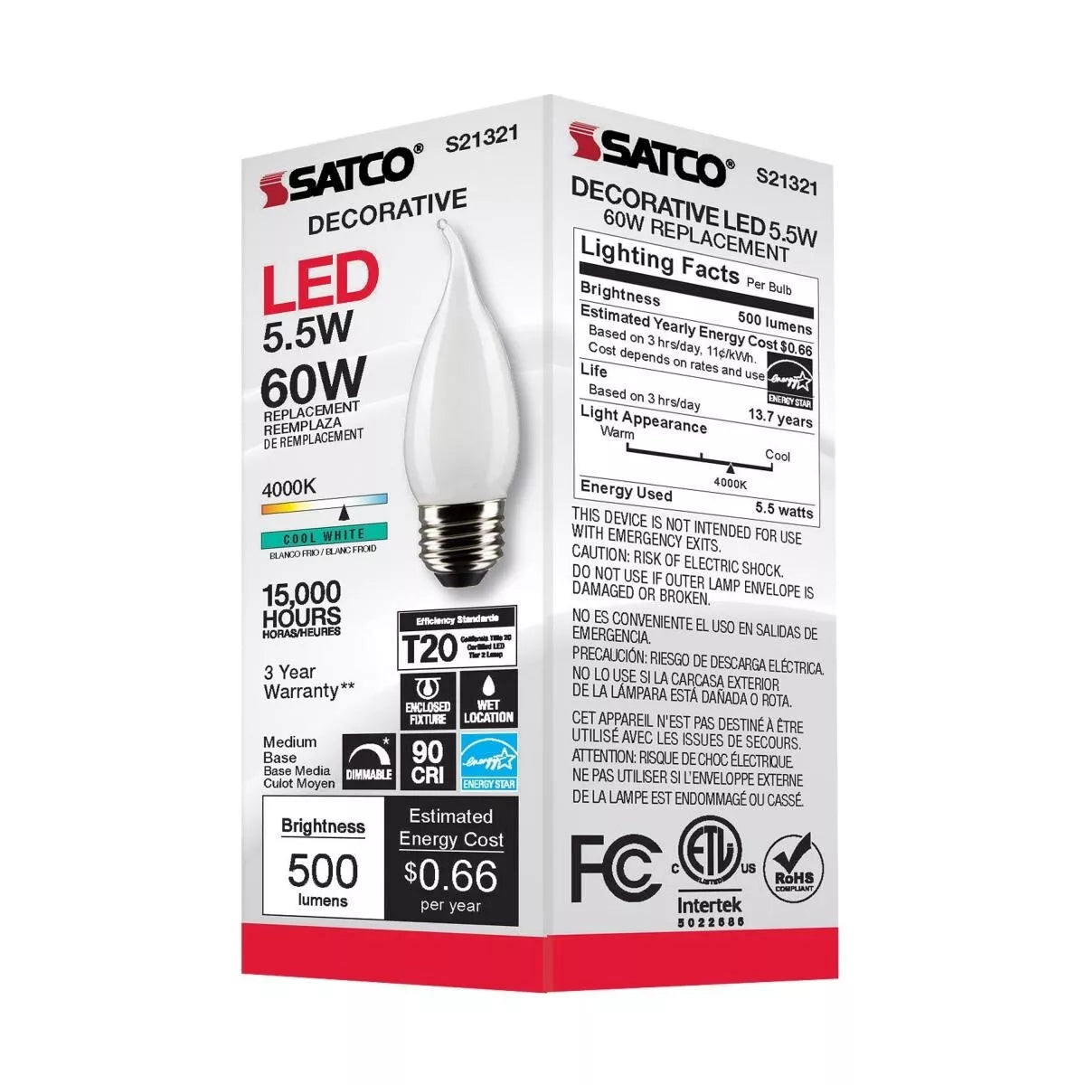 Satco S21321 - 5.5 Watt CA10 LED Frosted Light Bulb - 4000K - 90CRI (6 Pack)