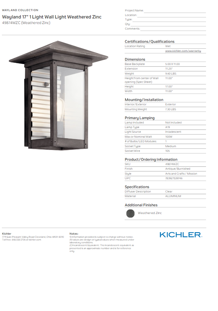 Kichler 49874WZC - Wayland 17 inch Weathered Zinc Outdoor Wall Light