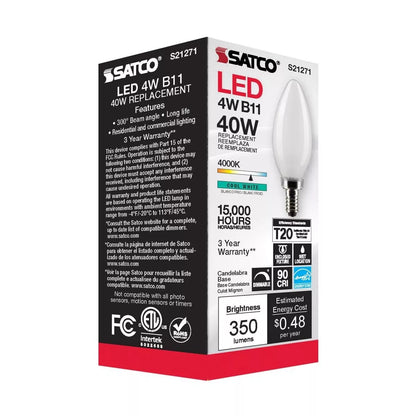 Satco S21271 - 4 Watt B11 Frosted LED Light Bulb - 4000K - 90CRI - 120V (6 Pack)