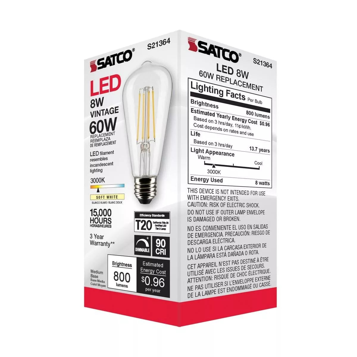 Satco S21364 - 8 Watt ST19 LED Clear Light bulb - 90 CRI; 3000K (6 Pack)